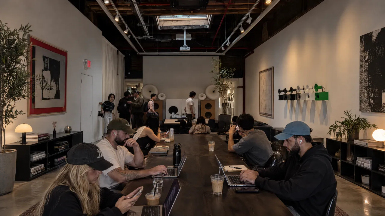 People working together at a long table in a studio